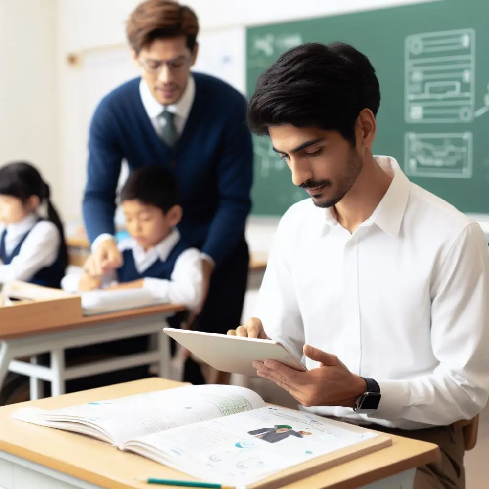 An image of a student wearing a VR headset and interacting with a virtual environment created by AI to simulate a scientific experiment.