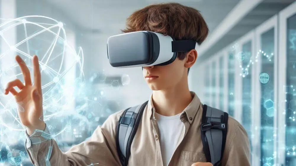 An image of a student wearing a VR headset and interacting with a virtual environment created by AI to simulate a scientific experiment.