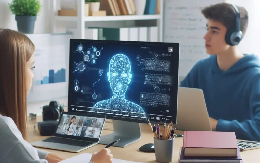 An image of a student watching a video generated by AI from a text prompt that explains a concept or topic.