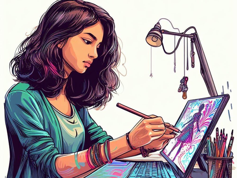 An image of a student creating an original artwork or illustration using an AI art generator that responds to their input.