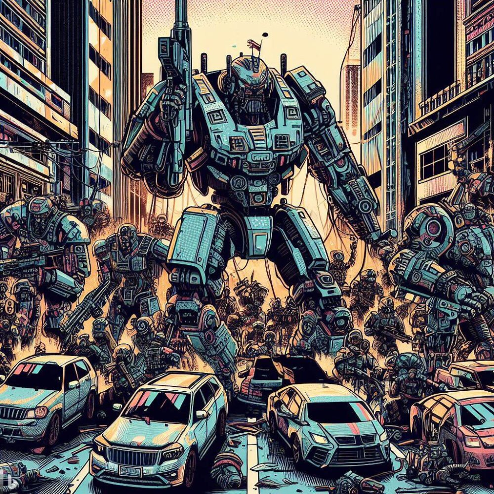 A robot army invading a city
