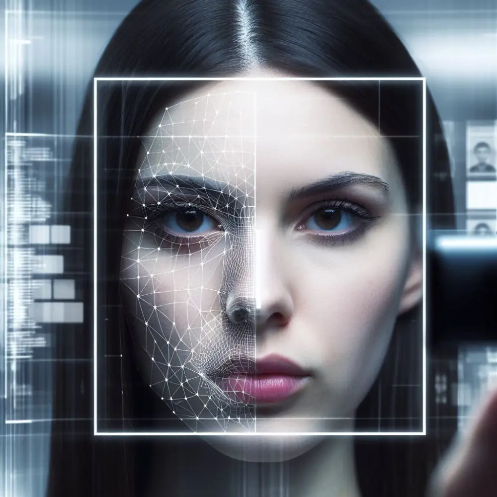 A human face being scanned by a camera and labeled with a negative or inaccurate attribute