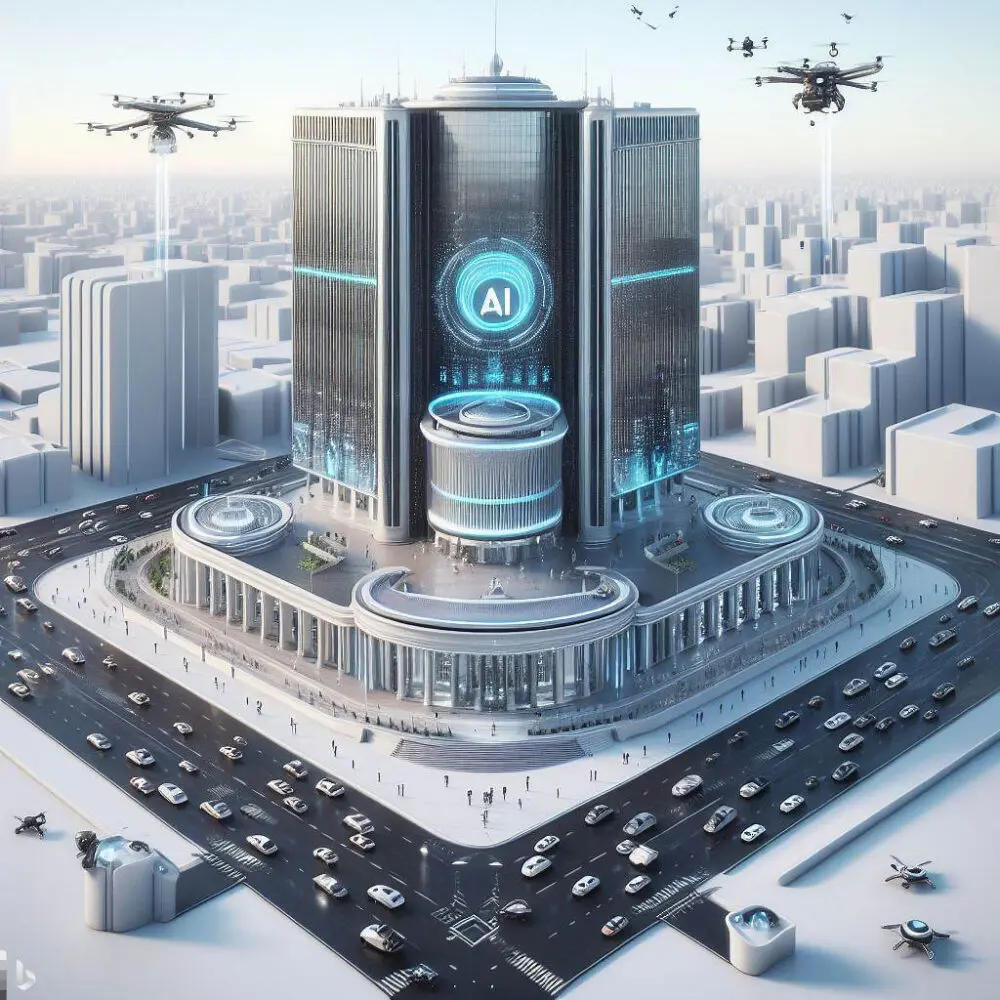 A skyscraper or a government building with a large AI logo