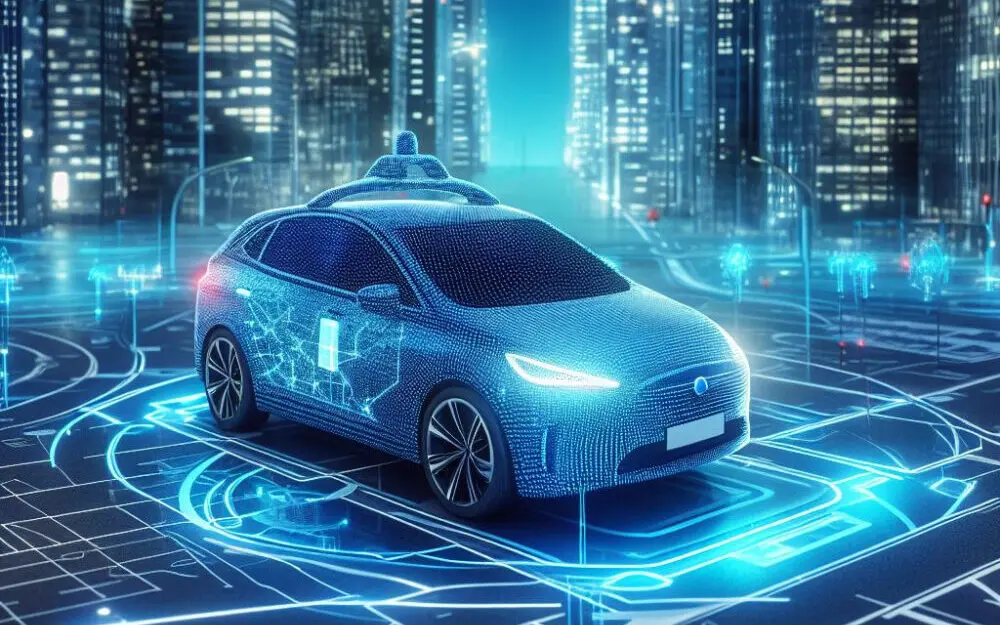 An image of a self-driving car in a virtual environment, to show the simulation component of AI for self-driving cars.