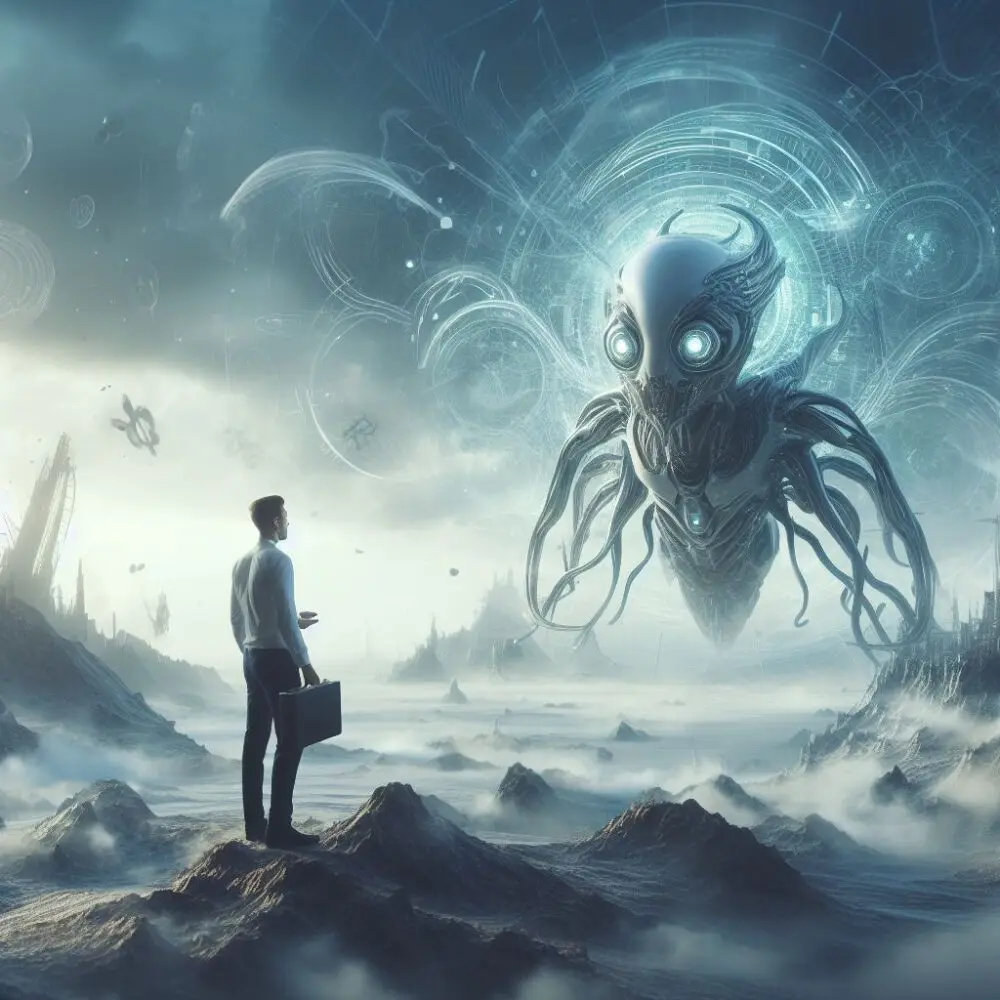 An image of a futuristic or alien landscape or a human interacting with a fantastical or unrealistic AI creature or device.