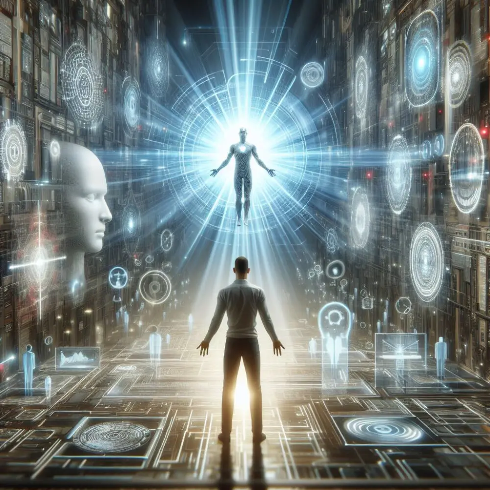 An image of a utopian or dystopian scenario or a human being amazed or terrified by a powerful or advanced AI system or application.