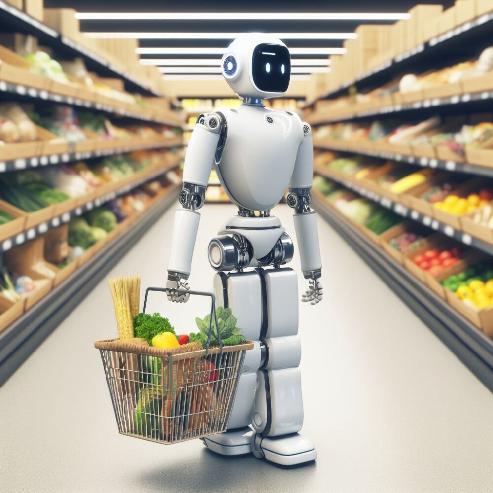image of a robot carrying a basket of groceries in a supermarket. This image can illustrate the use of AI for automated inventory management or delivery. 