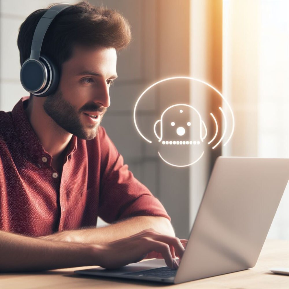 An image of a man wearing headphones and talking to a voice assistant on a laptop. This image can illustrate the use of AI for voice assistants or customer service.