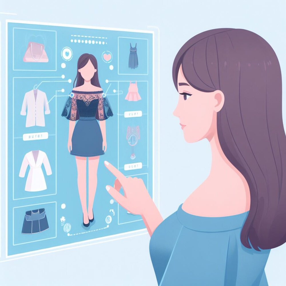 An image of a woman looking at a screen that shows her different outfits and accessories. This image can illustrate the use of AI for personalized recommendations or augmented reality.