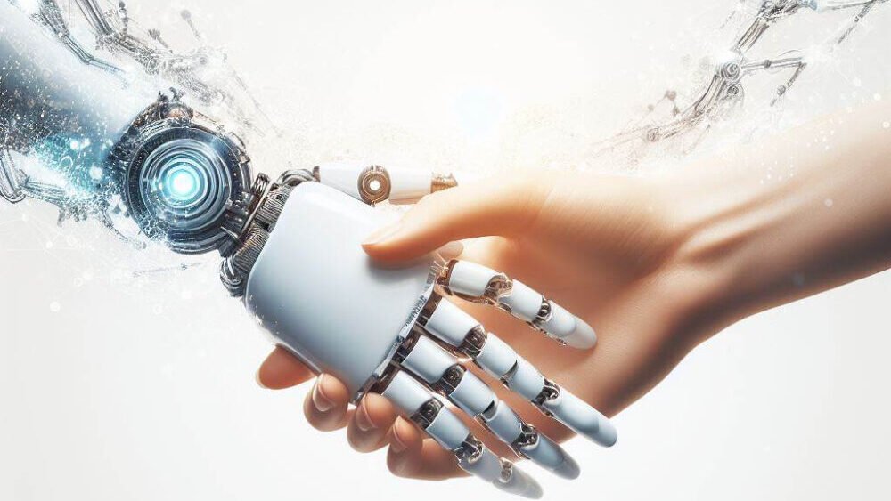 An image of a human hand and a robotic hand shaking, symbolizing the trust and cooperation between humans and AI systems