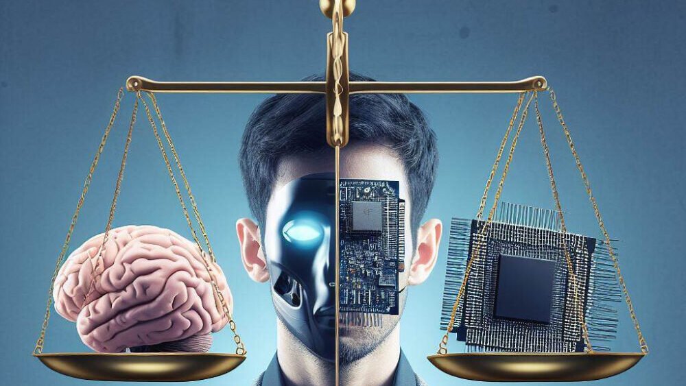 An image of a balance scale, with one side holding a human brain and the other side holding a computer chip, symbolizing the ethical issues and challenges of AI systems