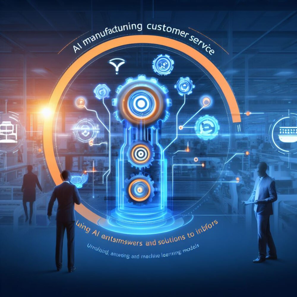 An image of AI in manufacturing Customer Service, that shows a machine or equipment being communicated and interacted with by natural language processing and machine learning models, and that shows the AI outcomes and outputs, such as information, answers, and solutions to customer queries and issues. The image should have a blue and orange color scheme, and some text that says 'AI in manufacturing Customer Service: Using AI to provide and improve the service and support to customers, and to enhance the customer loyalty and retention