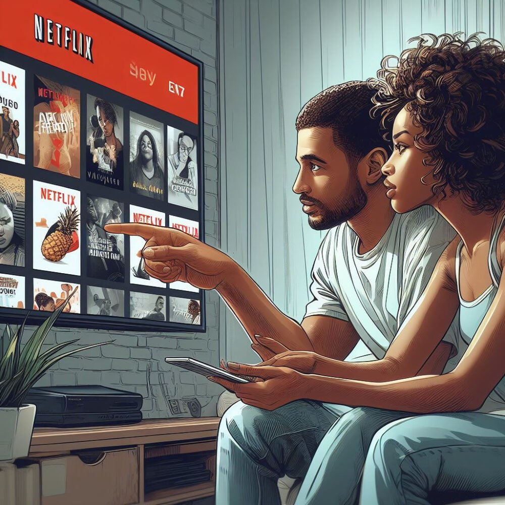 A realistic image of a couple searching for content on Netflix might show them sitting on a couch, holding a remote control, and looking at a TV screen that displays various genres and titles of movies and shows. The couple might have different expressions or gestures, such as smiling, frowning, pointing, or shrugging, depending on their preferences and opinions. The image might also include some details of their surroundings, such as pillows, blankets, snacks, drinks, etc. The image might convey a sense of relaxation, enjoyment, or frustration, depending on the scenario.