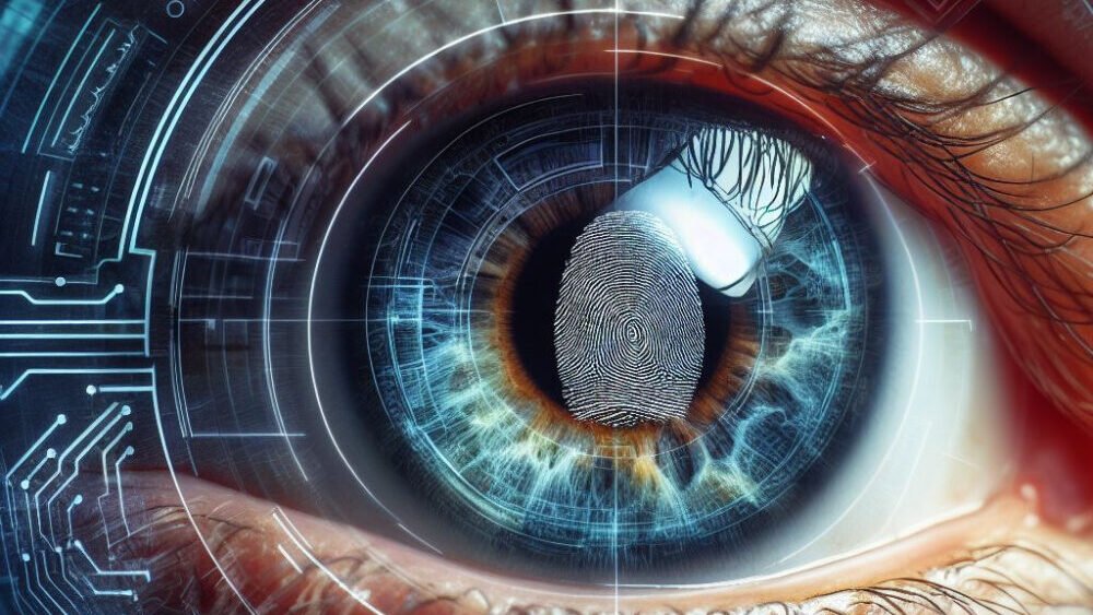 An image of a human eye and a camera lens, with a digital fingerprint on the iris, symbolizing the privacy and security of AI systems3