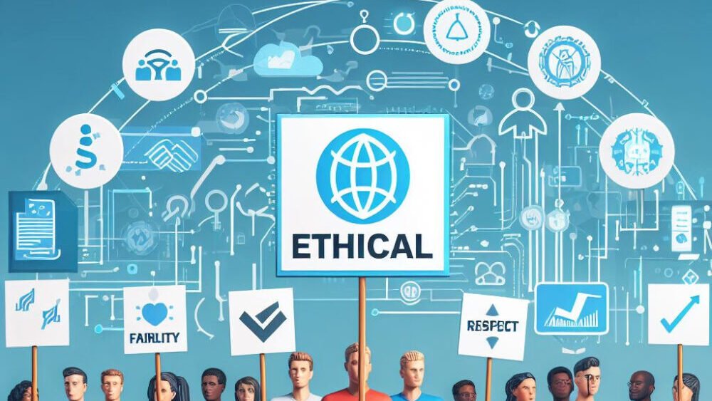 An image of a group of diverse people holding different signs with ethical principles and values, such as fairness, transparency, accountability, or respect, symbolizing the ethical standards and frameworks of AI systems.