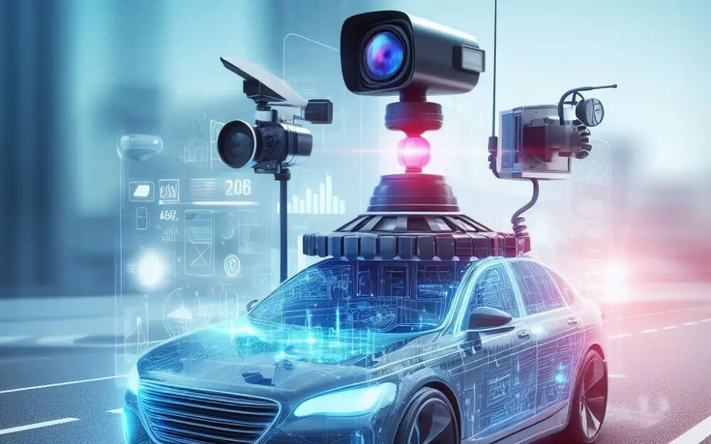 An image of a self-driving car with a lidar, radar, and camera mounted on it, to show the vision component of AI for self-driving cars.